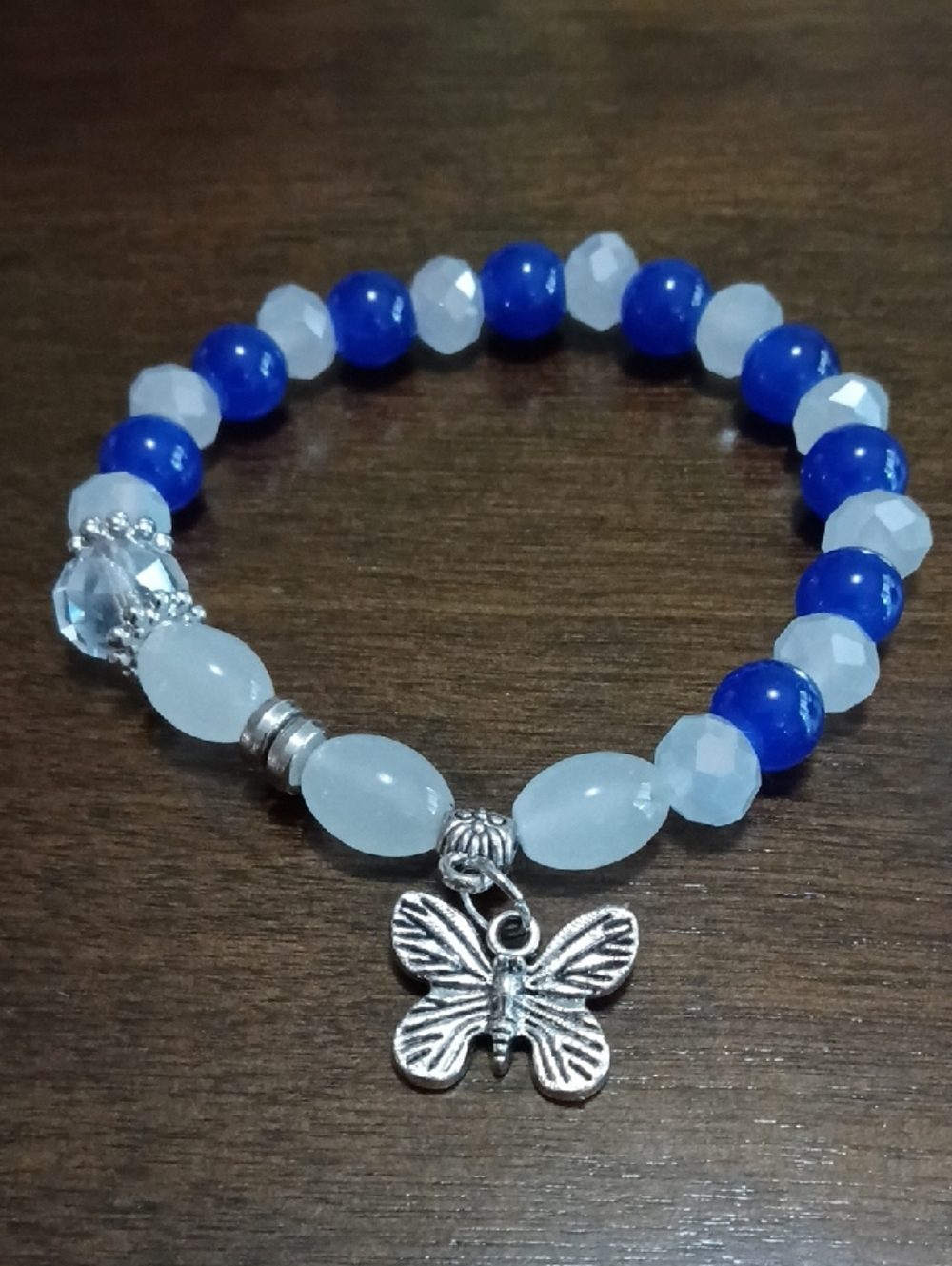 Blue and White Beaded Butterfly Charm Bracelet